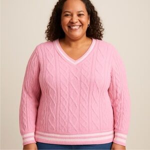 Women's Drifter Cable Vneck Sweater 3X light academia pink barbiecore career